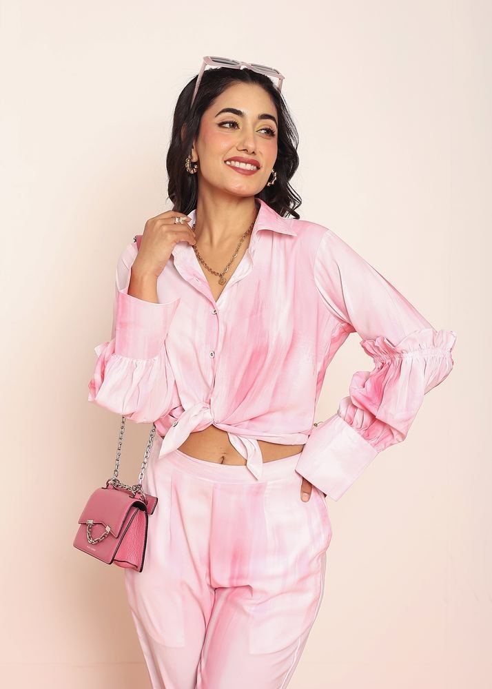 Pink printed co- ord set with detailed ruffles photo 2