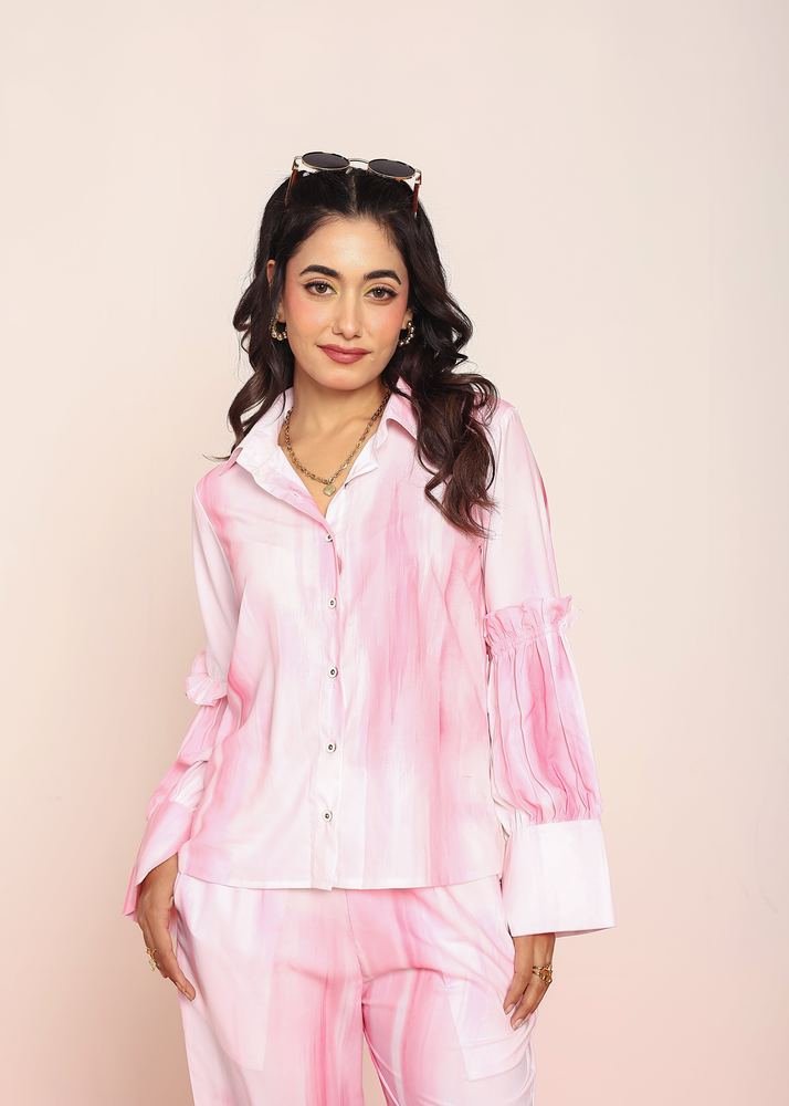 Pink printed co- ord set with detailed ruffles photo 5