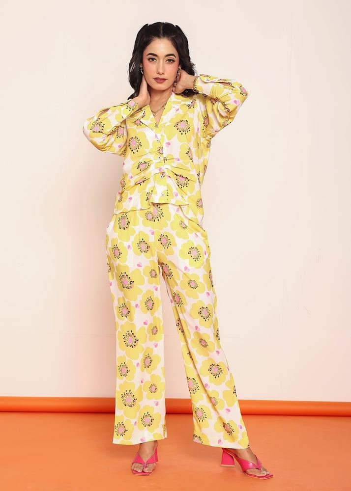 Printed pleated shirt & straight pant set