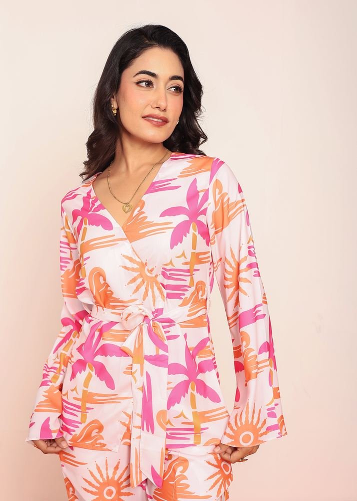 Printed wrap around top & straight pant set photo 3
