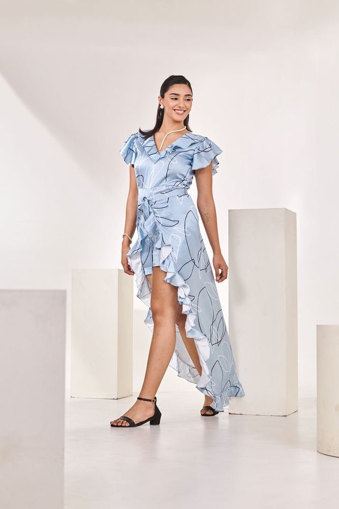 Pleated neck Printed Romper with Detachable Frilled Trail photo 2