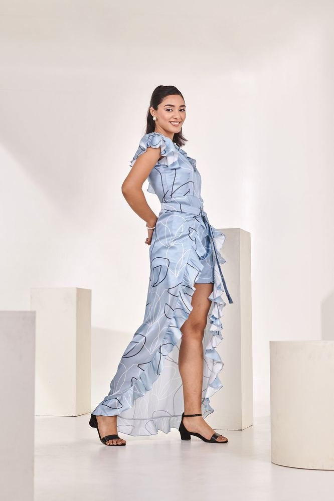 Pleated neck Printed Romper with Detachable Frilled Trail photo 4
