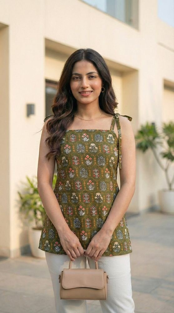Women Deep Green Floral Printed Cotton Kurti with Shoulder Tie-Up