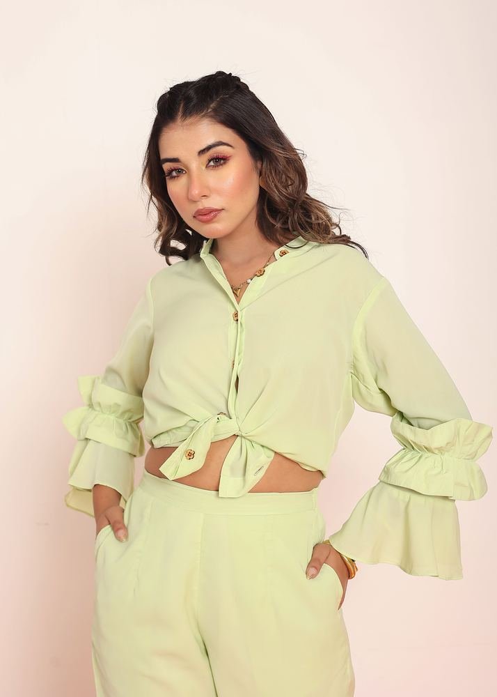 Pastel lime green ruffled shirt photo 3