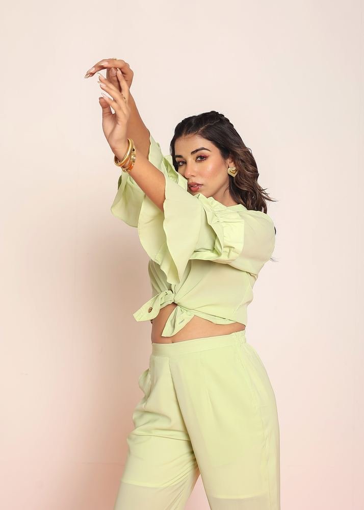 Pastel lime green ruffled shirt photo 2