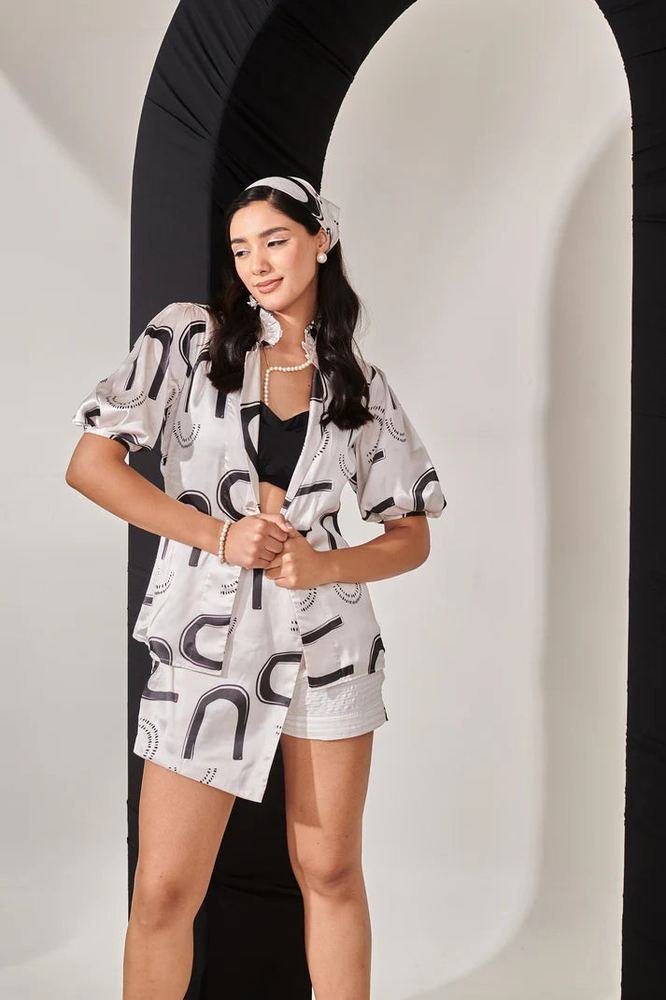 Swiss satin printed blazer shirt photo 2